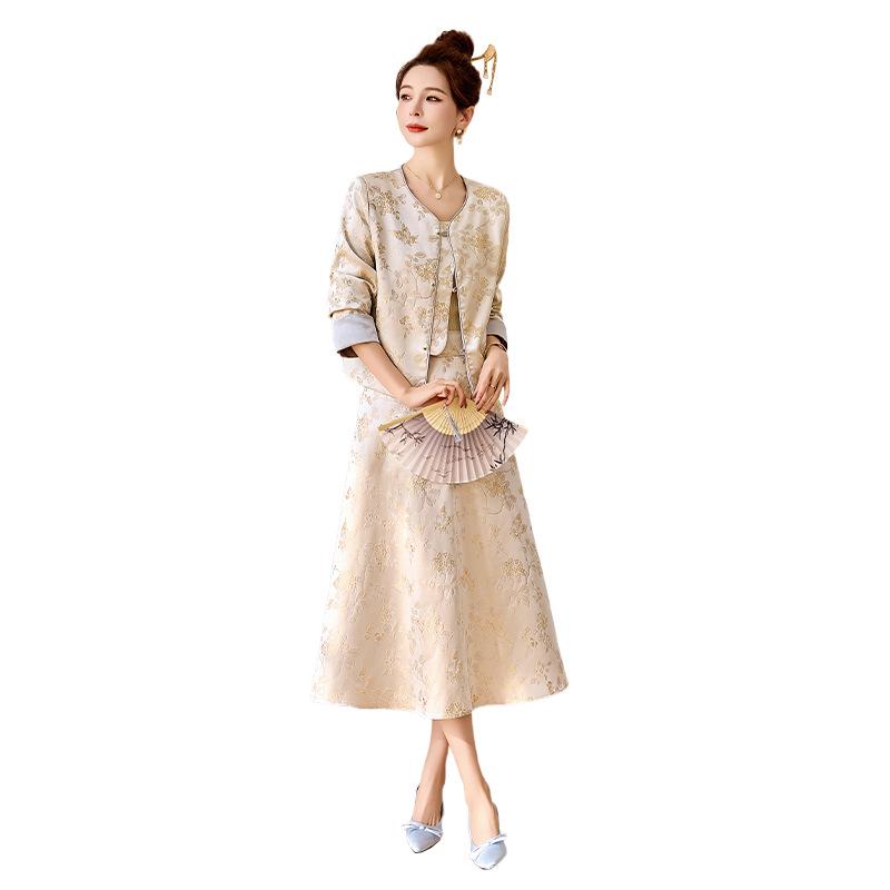 Set Rochie Două Piese Fustă și Articol Exterior Satin Jacquard Chinezesc Primăvară 2025