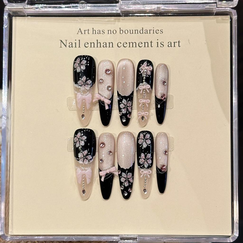 10pcs Handmade Press on Nails French Cat Eye Pink Bow Decor Korean False Nails Wearable Full Cover Ins Almond False Nail Tips