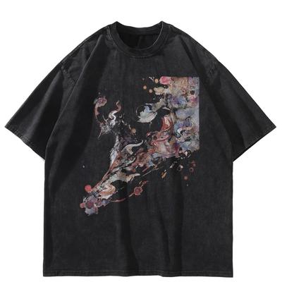 Tricou Streetwear Harajuku Grafic Oversized Negru Spălăcit Bumbac Unisex Mâneci Lungi