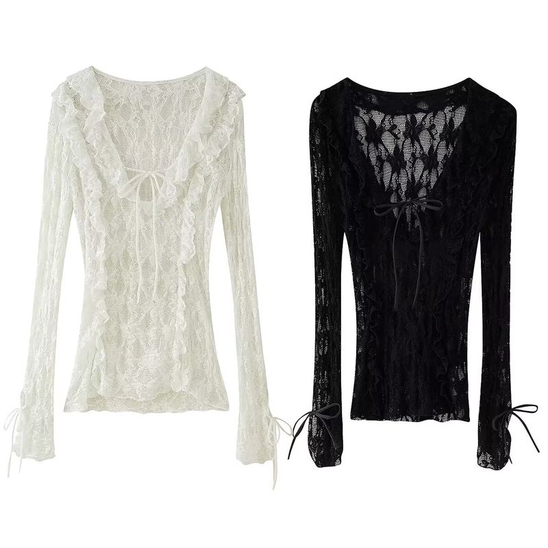 Kaslead New Arrival Women's Clothing Fashion Style Fashion Minimalist Silm Lace Laminated Decoration Tops 4813319