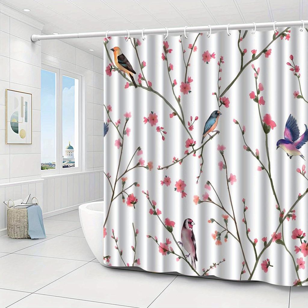 1pc simple floral and bird pattern shower curtain, polyester fabric, machine washable, suitable for bathroom decoration