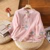 Women's Embroidered Cotton Linen Top with Frog Buttons - Chinese Ethnic Style, Retro Design, Seven-Sleeve for Season Versatility