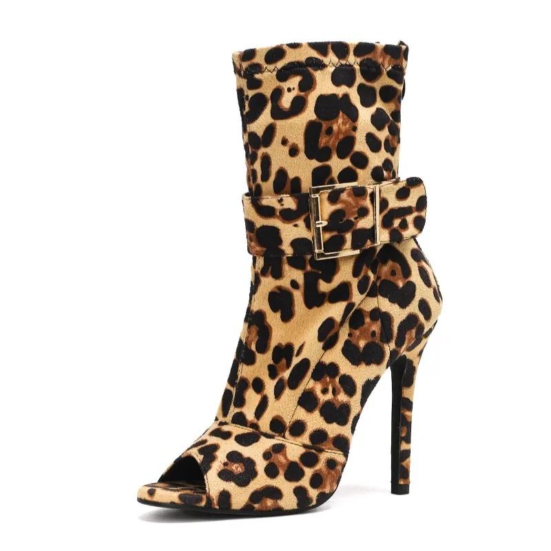 Eilyken Sexy Retro Leopard Print Buckle Peep Toe Stiletto Heels Women Boots Sandals Summer Zipper Dance Shoes Botas De Mujer