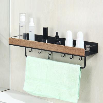 1pc Bathroom Shelf, No-Punch Carbon Steel Storage Shelf, Multifunctional Bathroom Shelf with Rods and Hooks