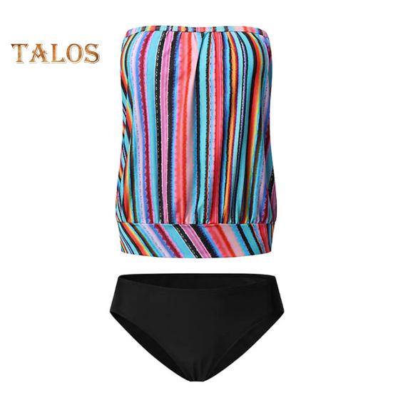 

2 шт./комплект женский купальник бандо без рукавов полосатый принт купальные топы с высокой талией плавки комплект пляжная одежда XL Stripe