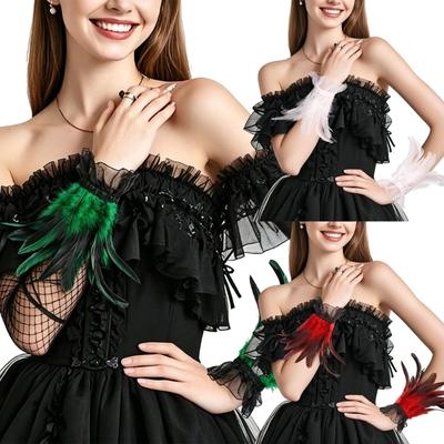 Adjustable Feather Wrist Cuff Pair with Layered Detail, Ruffled Sheer Trim, Tie Closures, Costume Accessory, for Halloween