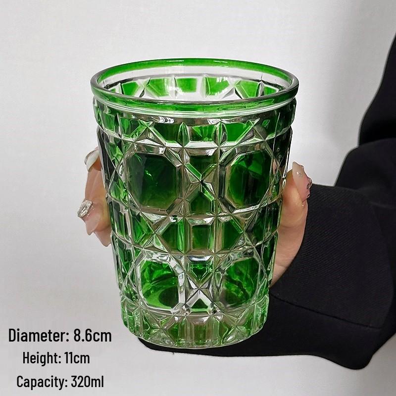 Retro Emerald Diamond Pattern Glass Cup – Perfect for Whiskey, Beer, Water, or Coffee 301-400ml