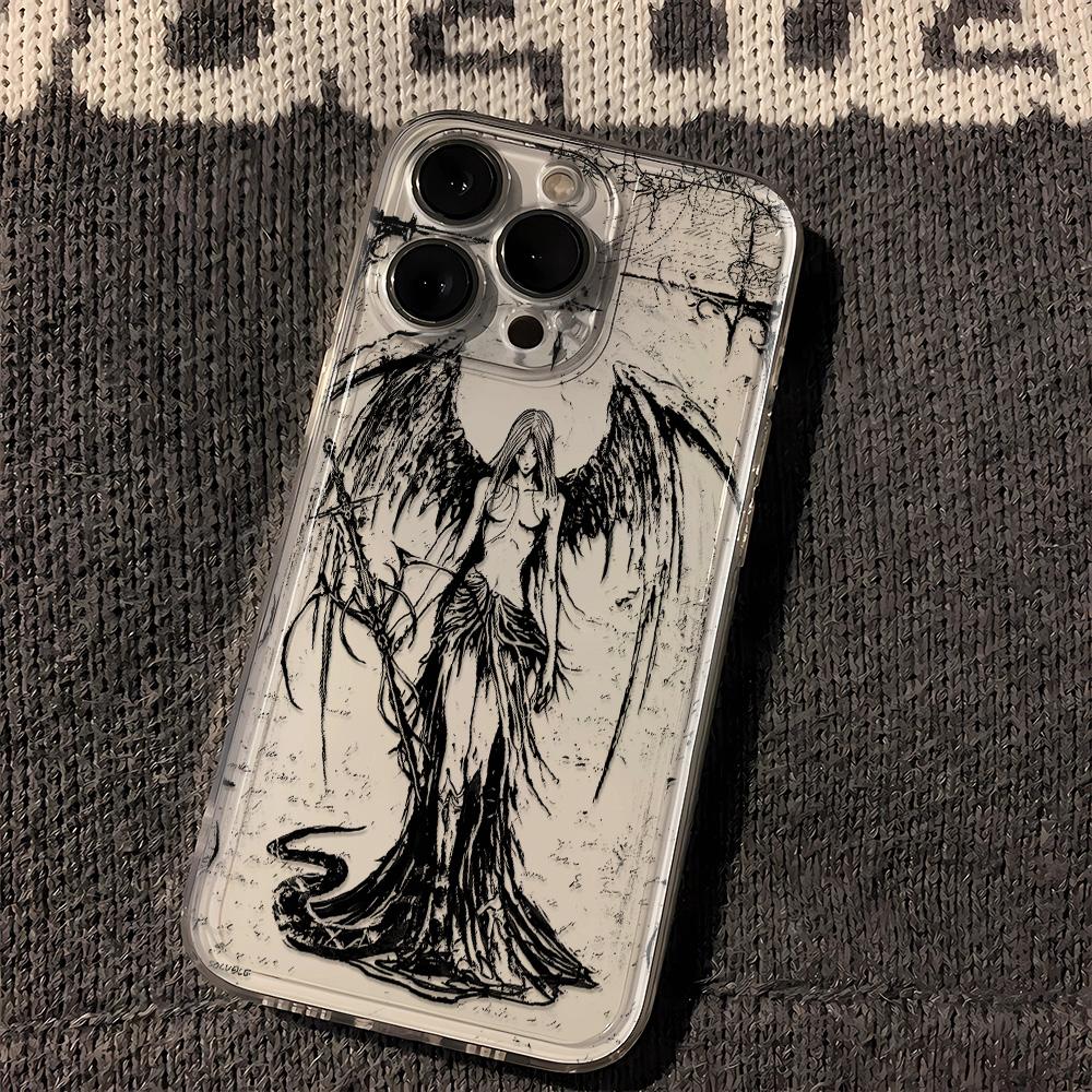 Gotisches Dunkler Engel Skizze Muster Design Schutzhülle für iPhone 17 16 15 14 13 12 11 16E Serie Pro Max Plus