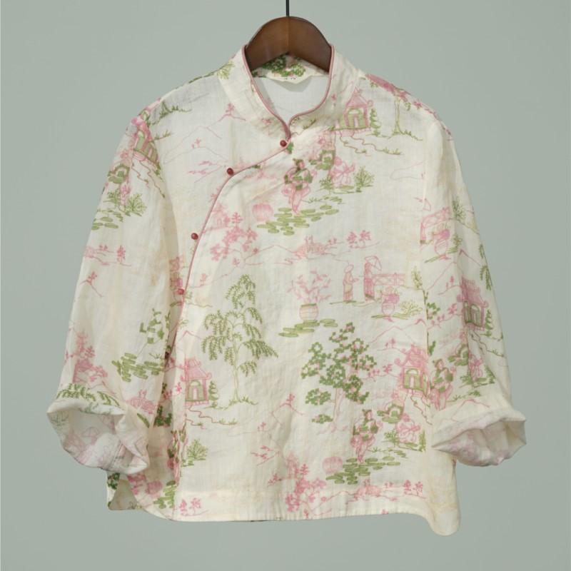 Johnature Women Vintage Print Floral Shirts Tops Stand Puff Sleeve Blouses Summer Chinese Style Female Shirts