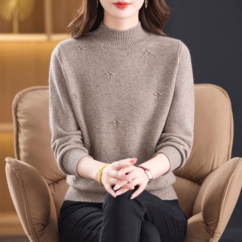 Women's Pure Wool Sweater - Thick Knit, Half-High Collar, Autumn/Winter Style for Middle-Aged & Elderly.
