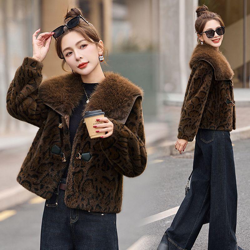 

Зимняя куртка из искусственного меха с большим лацканом, леопардовый принт, высококлассная мода, женская одежда, молодежное пальто L size 115-130 цветной печати леопарда