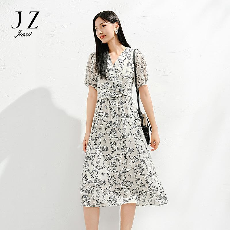 Jiuzi Anna Kou 100 Mulberry Silk Temperament Commuting Style Line Drawing Flower Dress for Women 2025 Summer New Style
