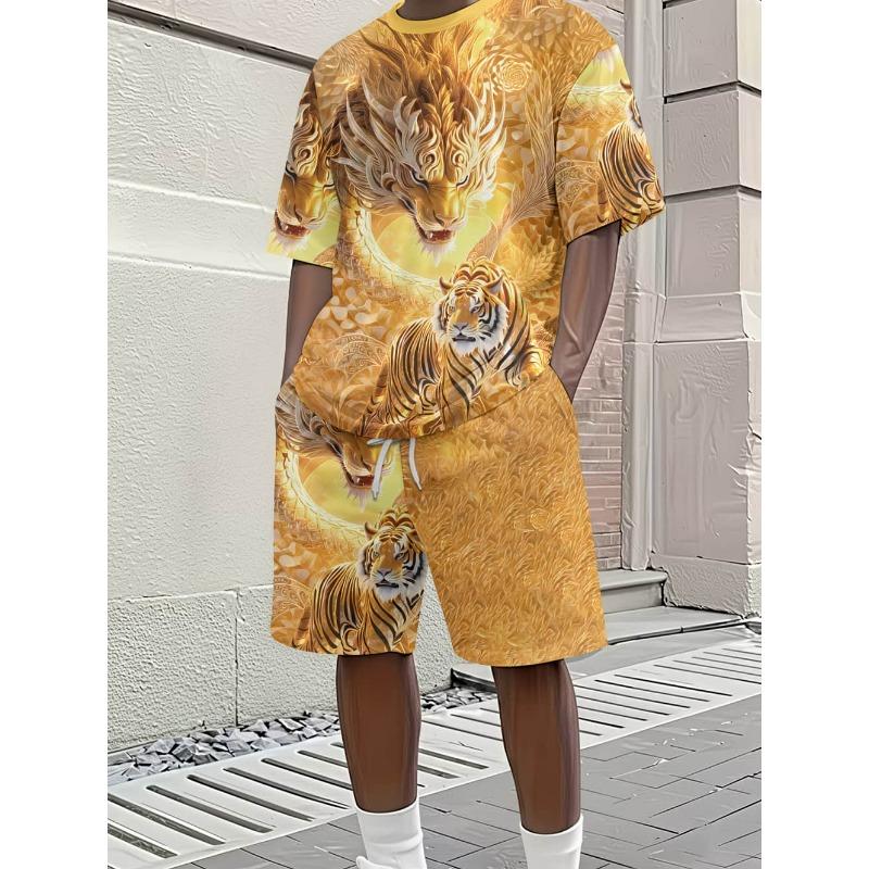 Men's Summer Set Fashion Wolf Print Short Sleeve + Shorts 2 Piece Set Animal Pattern Casual Quick-Dry Men's Summer Sports Set