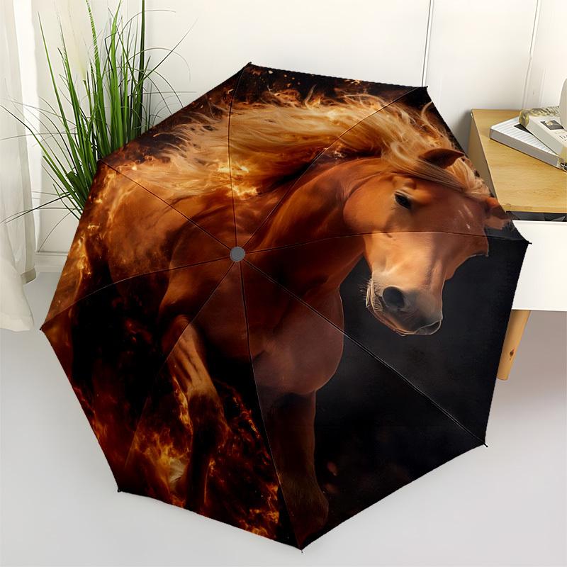 1pc Horse Fire Automatic Open/Close Umbrella 8-Rib Strong Frame, Portable Travel Umbrella for Women & Men