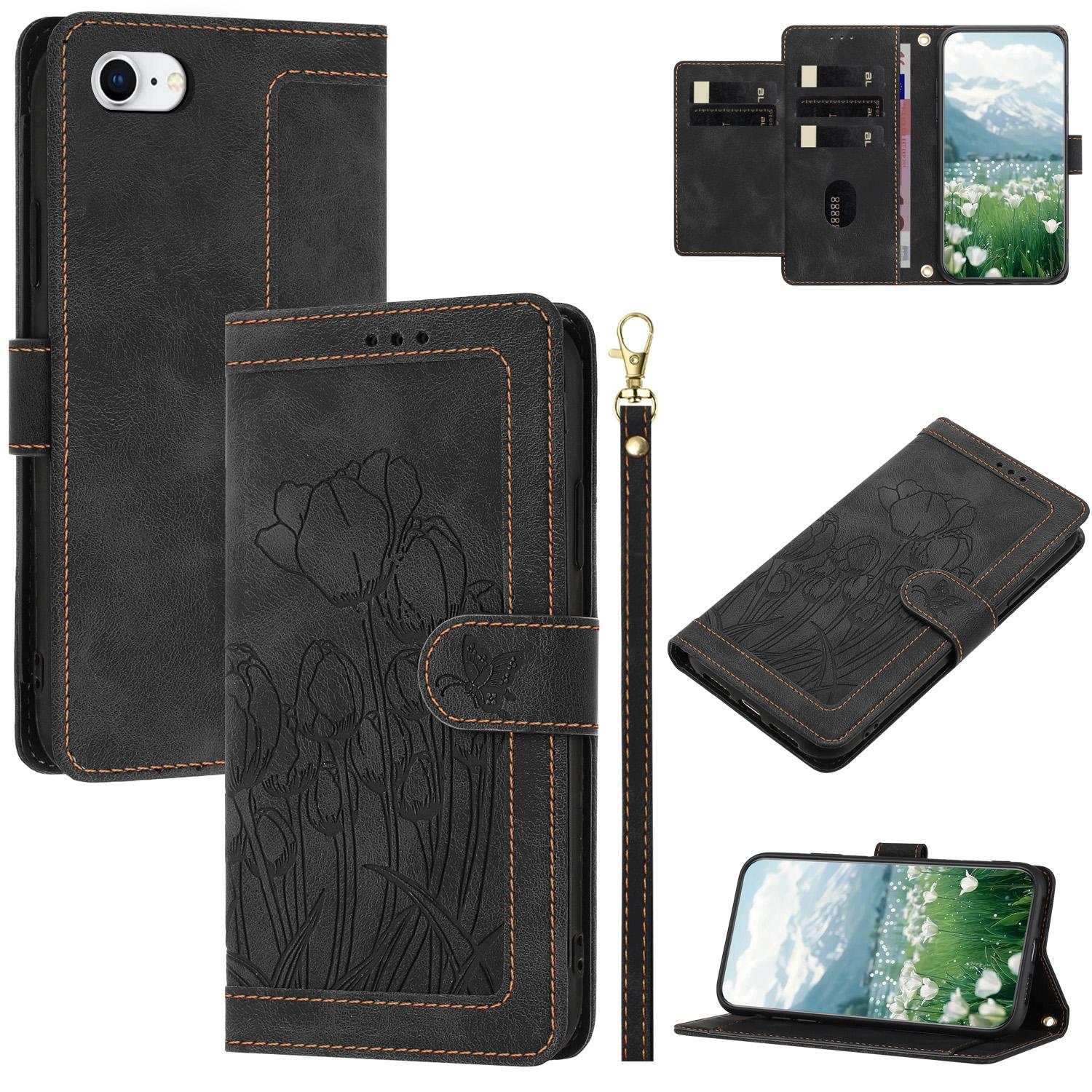 

Leather Case for iPhone SE (2022)/SE (2020)/8/7/6s/6 Tulip Phone Cover with 5 Card Slots Wallet Black