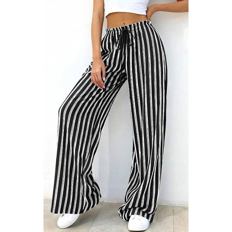 Women Striped Loose Commuting Casual Elastic Waist Wide-Leg Trousers