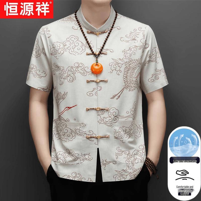 

Hengyuanxiang Men s New Chinese Crane Print Short Sleeve Tang Suit 195