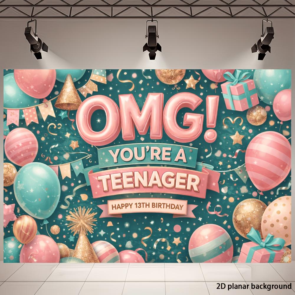 2D plane 13th birthday party banner background - OMG youth theme, with pink and blue balloons