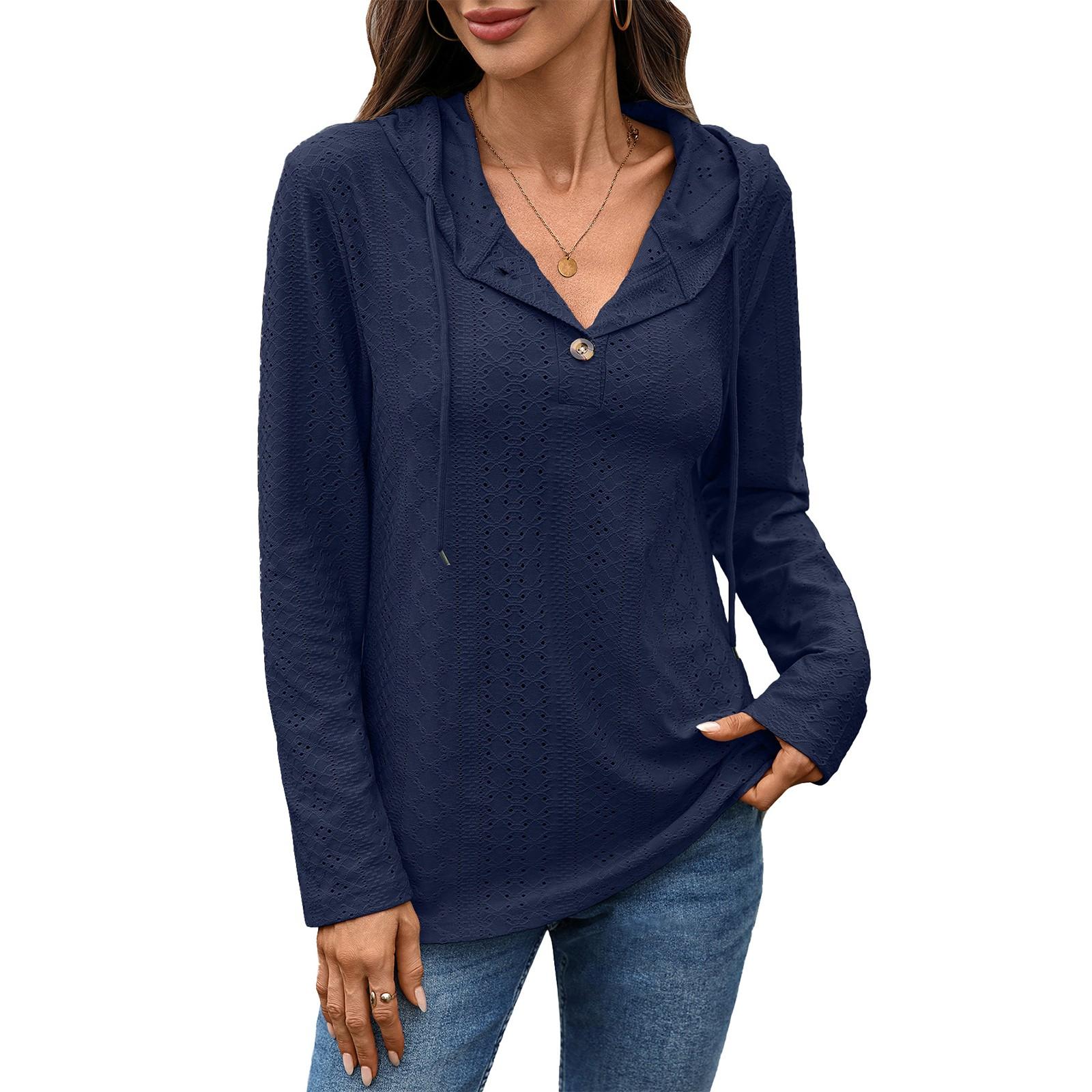 

Women s Fashion Solid Color Button Hooded Loose Long Sleeve T-shirt Top XXL Темно-синій