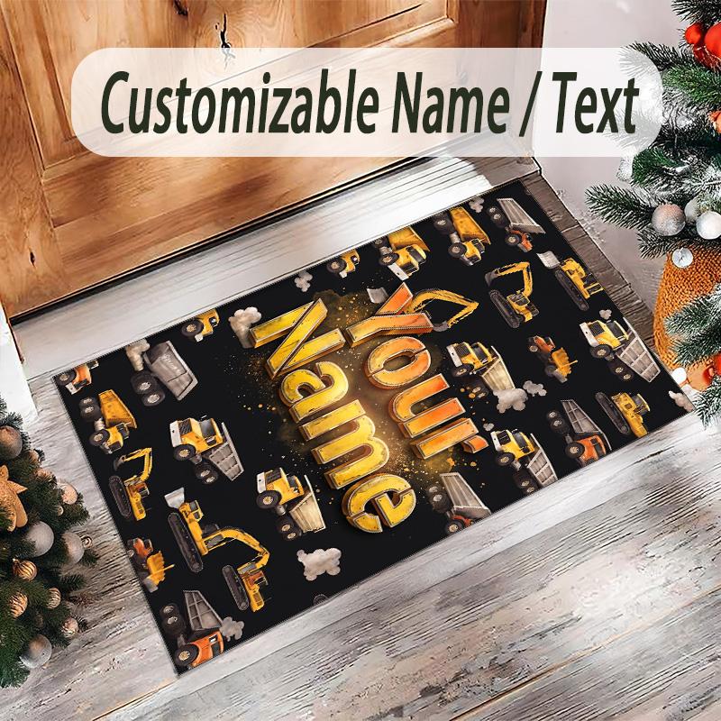 Construction Vehicles Theme Crystal Velvet Rug Personalized Custom Name Text Soft Floor Mat Home Decor