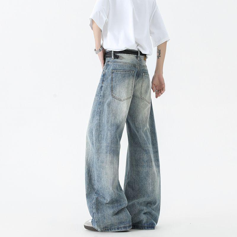 American Scimitar Jeans Men and Women Washed Old Trend Retro High Street Bamboo Loose Wide Legs Long Pants Mopping the Floor