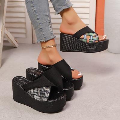 Fashion Patchwork Chunky Women's Fashionable Plaid Slippers 2025 New Wedge Heel Sandals Women Summer Thick Bottom Beach Zapatos De Mujer