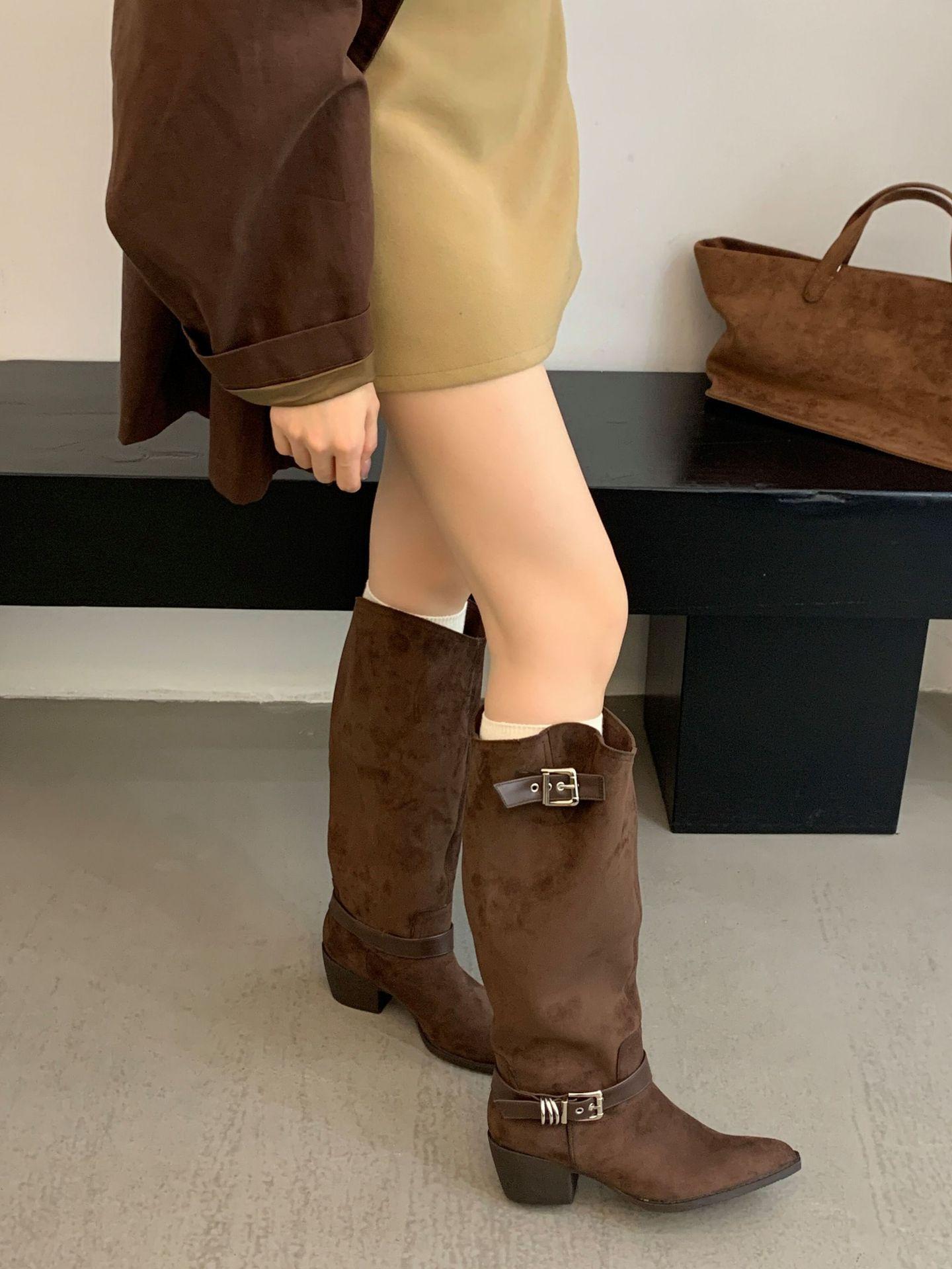 

2025 новые сапоги-ботфорты с пряжкой на ремне, сапоги на толстом каблуке, женские сапоги до колена, узкие широкие сапоги 39