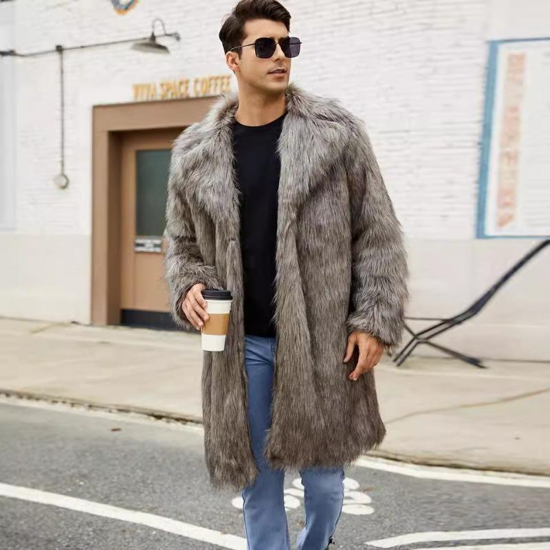 Men's Mid-Length Faux Fur Coat Lapel Warm Winter Overcoat Casual Streetwear