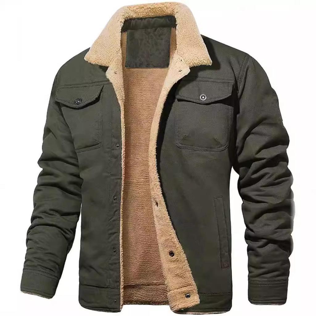 Men's Winter Turndown Collar Jacket Thick Fleece Lined Parka Coat with Multiple Pockets