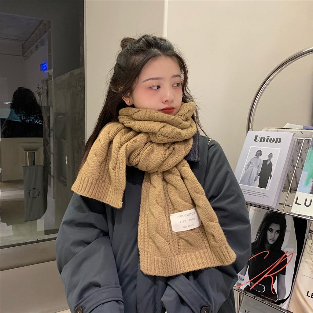 Korean Style Scarf for Men and Women in Autumn and Winter Long Solid Color Cloth Label Knitted Wool Student Warm Scarf Trendy