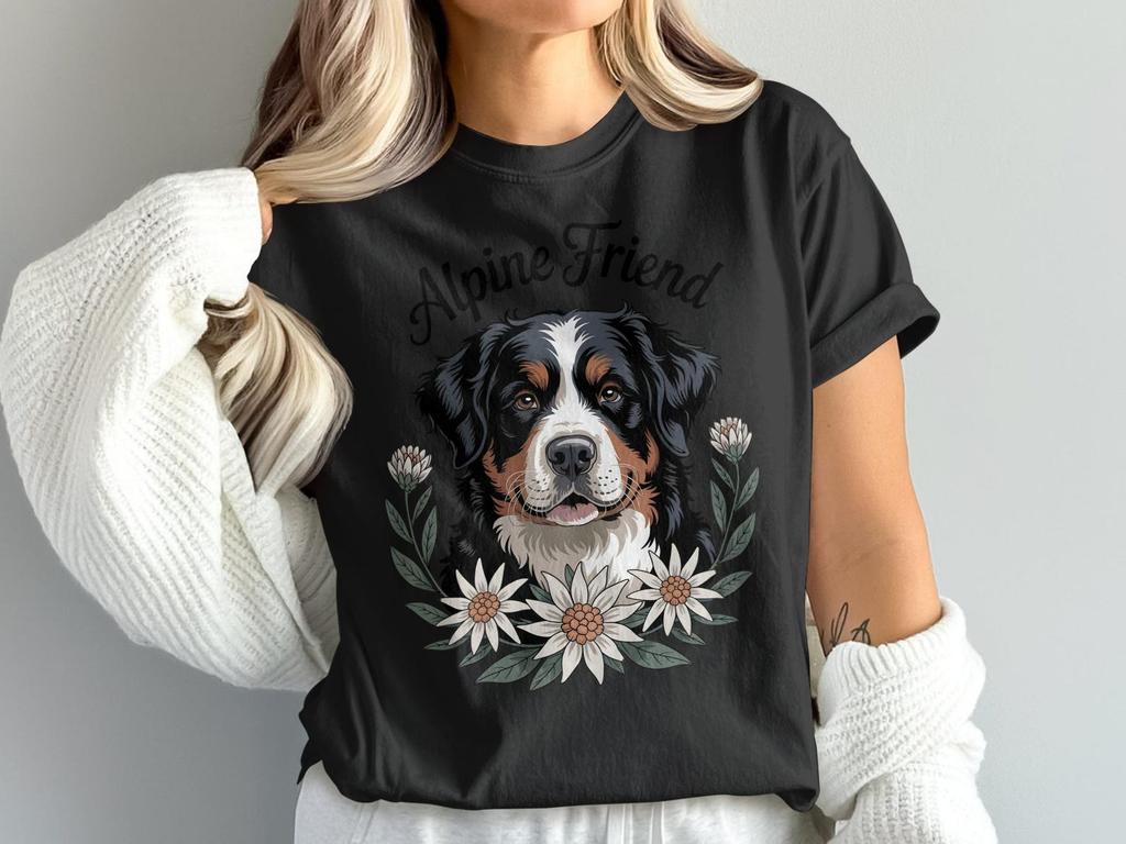 Alpine Friend Bernese Mountain Dog T-Shirt, Cute Dog Shirt, Dog Lover Gift, Berner Shirt, Dog Graphic Tee, Bernese Mountain Dog Flowers