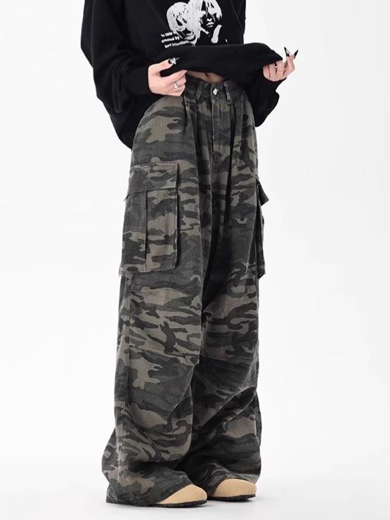 Unisex Tarnfarbene Weitbeinige Jeans mit Mehreren Taschen und Plisseé-Design