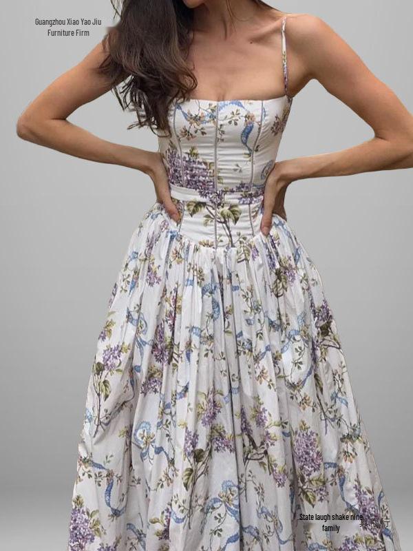 European-American Women's Retro Elegant French Style Spaghetti Strap Dress