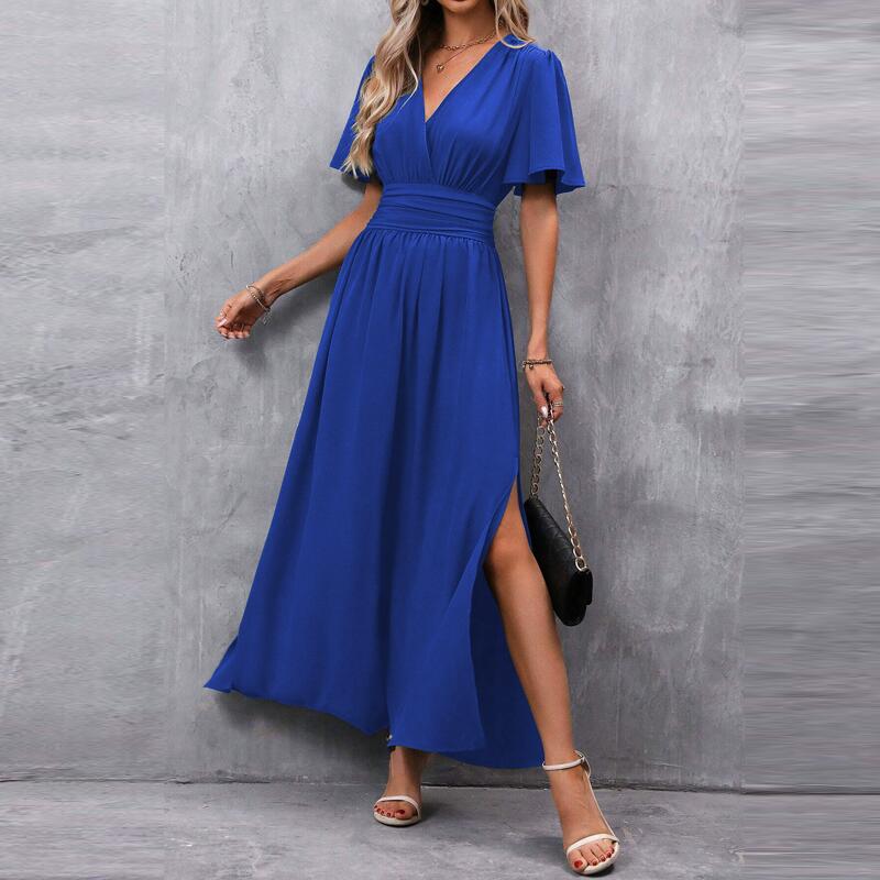 Dresses Femme Spring Summer Elegant Long Dress Women's Short Sleeve V Neck Hem Slit Solid Color Formal Evening Belted Dress Robe