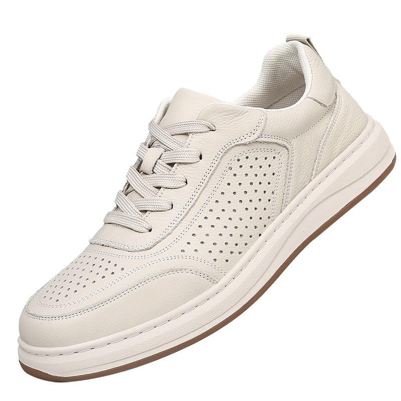 The First Layer of Cowhide Little White Shoes Men's Summer Hollow Breathable Hole Shoes White Casual Leather Shoes Soft Sole Soft Surface Board Shoes
