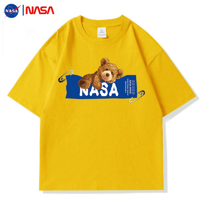 Men's NASA Co-branded Bear Print Crew Neck Cotton T-Shirt - Short Sleeve, Casual Streetwear, Plus Size Available