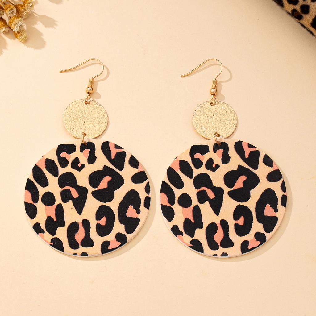 Women's Earrings, Exaggerated Geometric Round Leopard Print Pattern Earrings, Suitable for Daily Wear and Vacation Wear