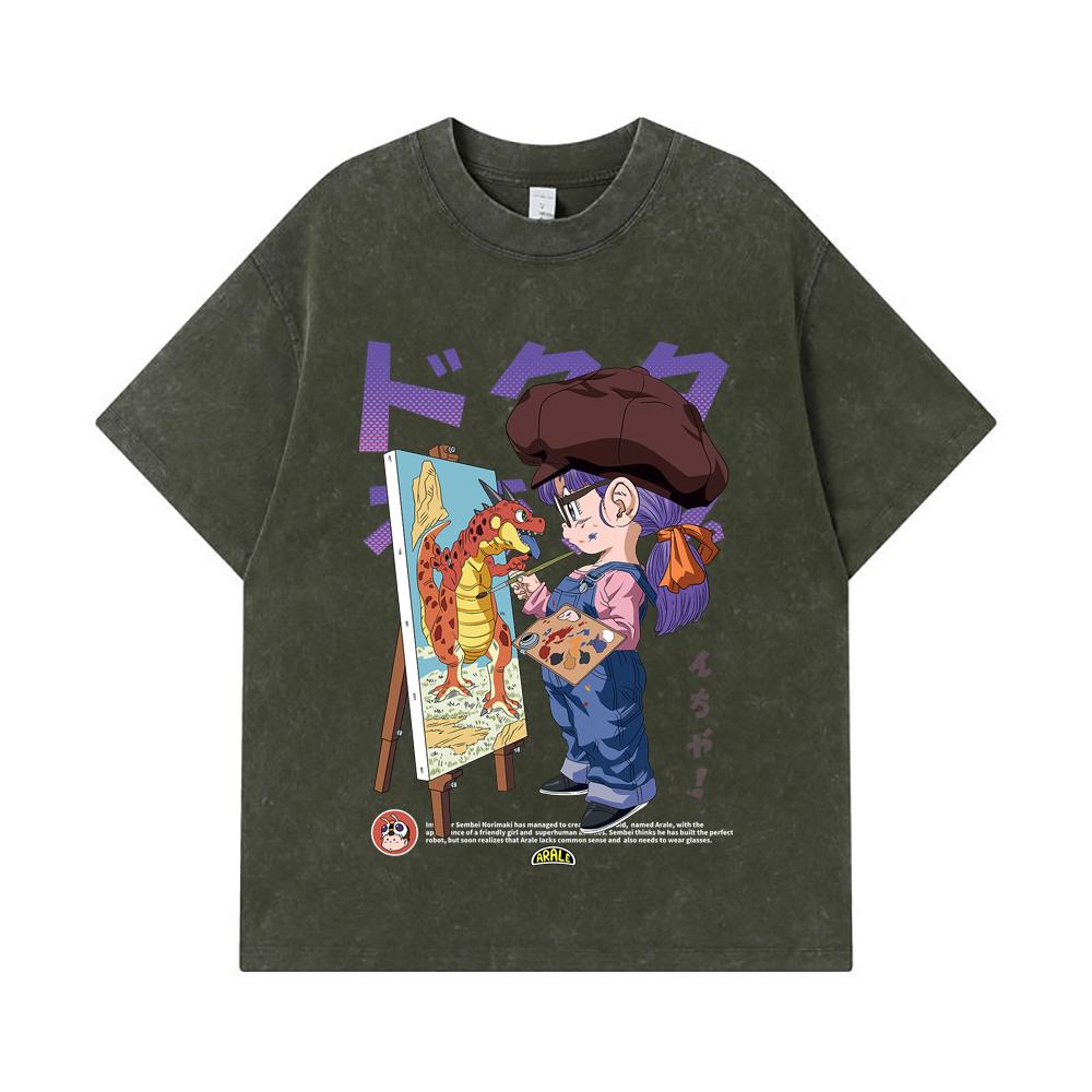 

275 GSM Washed T-shirts 100% Cotton Dragon Ball V10 Arale Print Unisex Heavy Cotton T Shirt S армия зеленый