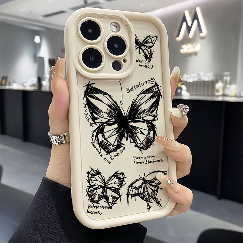 Black Line Butterfly Phone Case for Apple iPhone 11-16, Bamboo Design, Eye-Catching X Cross-Pattern