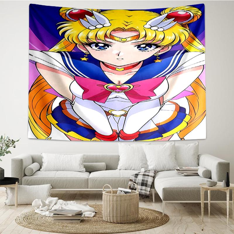 Sailor-Moon Print Tapestry, Backdrop, Easy Setup, Ideal for Bedroom, Office & Living Room, with Aesthetic Wall Hanging Decor.