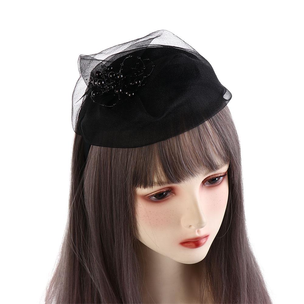 Bead Mesh Hair Hoop French Style Hat Shape Hairband Vintage Yarn Half Hat Headband Girl