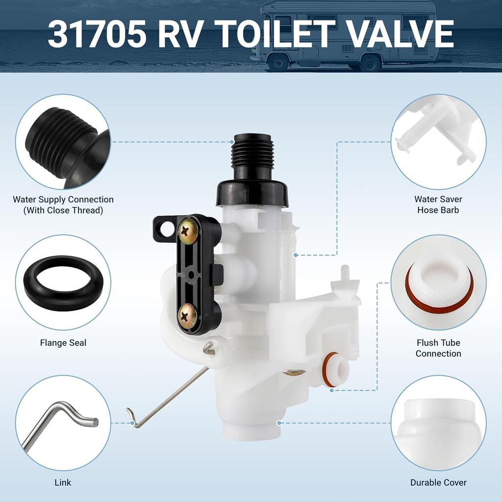 31705 3 RV Toilet Water Valve Kit Freeze-Resistant & Leak-Resistant, Fit For Thet-Ford RV Toilet Parts Compatible With Thet-Ford Aqua-Magic V High