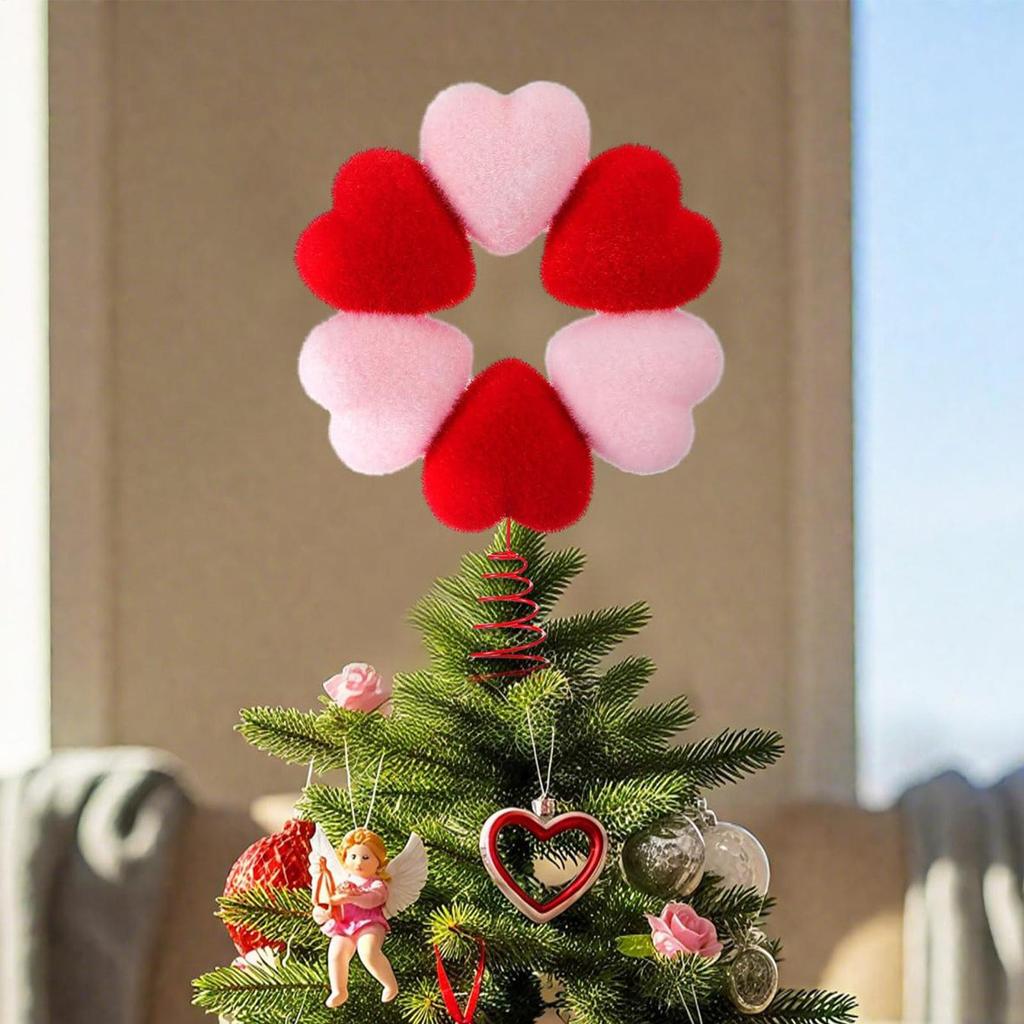 Valentine's Day Tree Topper Decoration 13.4 Inch Romantic Red Heart-shaped Tree Top Decoration Plush Treetop Ornament