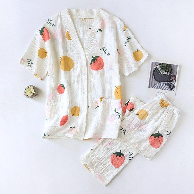 

Весняно-літні нові жіночі піжами з короткими рукавами + брюки, комплект із двох частин, 100% бавовна, креп, милий простий комплект домашнього одягу для жінок XL