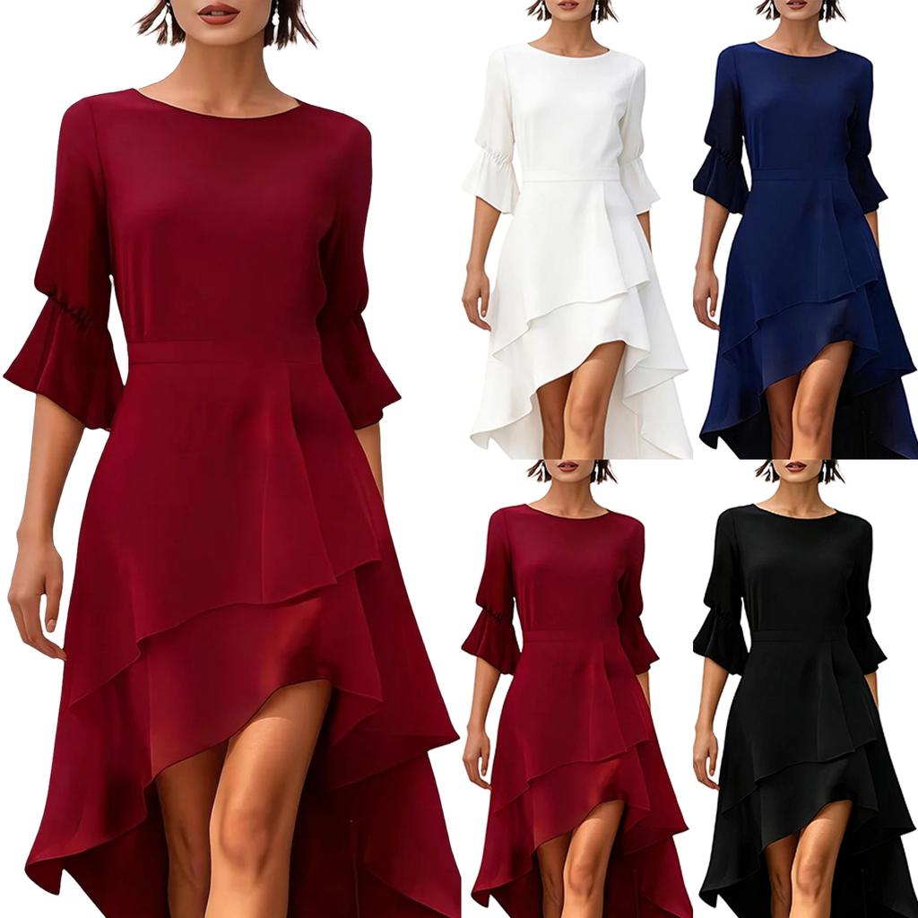 Women's Three-Quarter Sleeve Ruffle Hem Irregular Party Dress