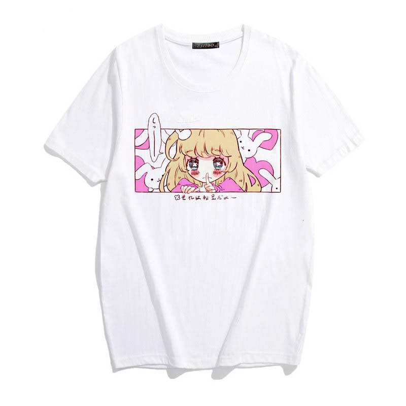 Scione Cute Cartoon T Shirt Japanese Harajuku Pink Kawaii Casual Tops Vintage Loose Women T-shirt