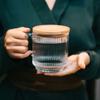 Classic Japanese-style New Round Coffee Cup Transparent Striped Wide Mouth with Lid Handle Glass Milk Cup Household Drinking Water