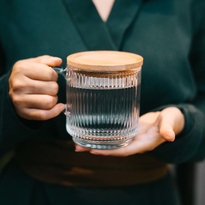 Classic Japanese-style New Round Coffee Cup Transparent Striped Wide Mouth with Lid Handle Glass Milk Cup Household Drinking Water