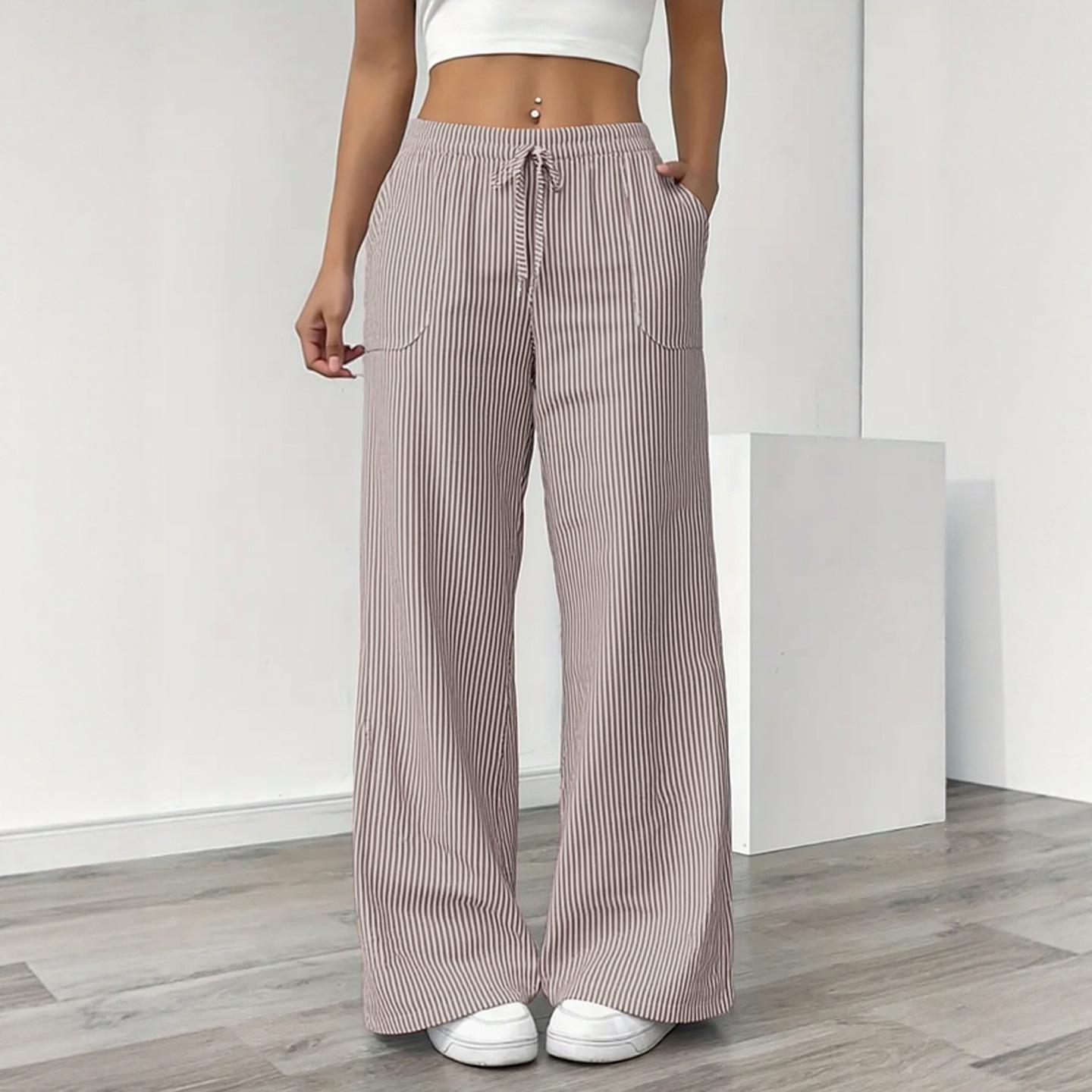 

Summer 2025 Comfortable Striped Wide-Leg Pants with Drawstring Waist and Pockets Large