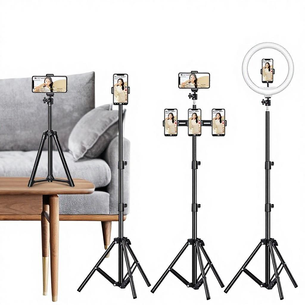 Floor-Standing Folding Tripod Dual Phone Tablet Holder for Streamer Photography & Selfie Stand with TikTok Kuaishou Support